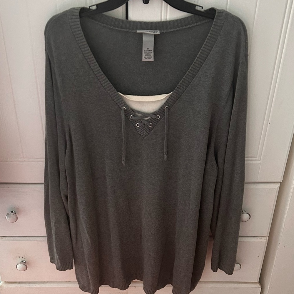 Gray V-Neck Women's Top CATHERINE’S with Layered Look and Tie Neckline, Nice!!
